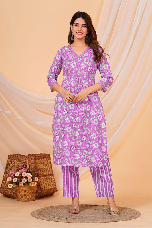 Purple Floral Nayra Embroidery Kurta Pant Set