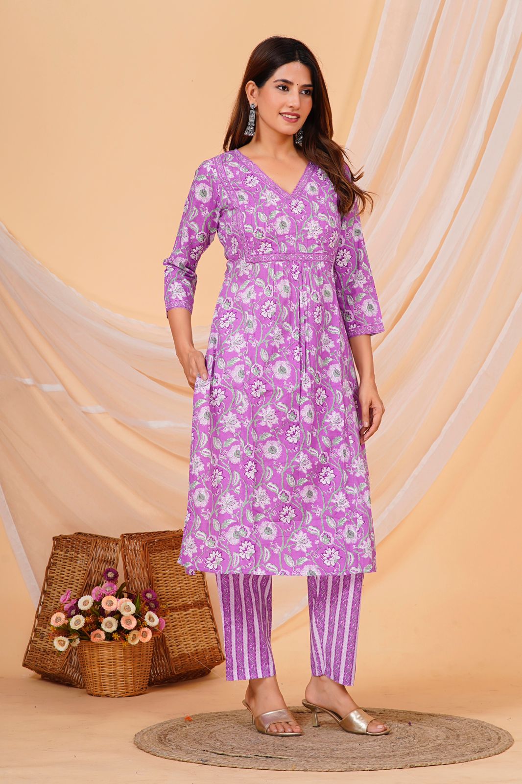 Purple Floral Nayra Embroidery Kurta Pant Set