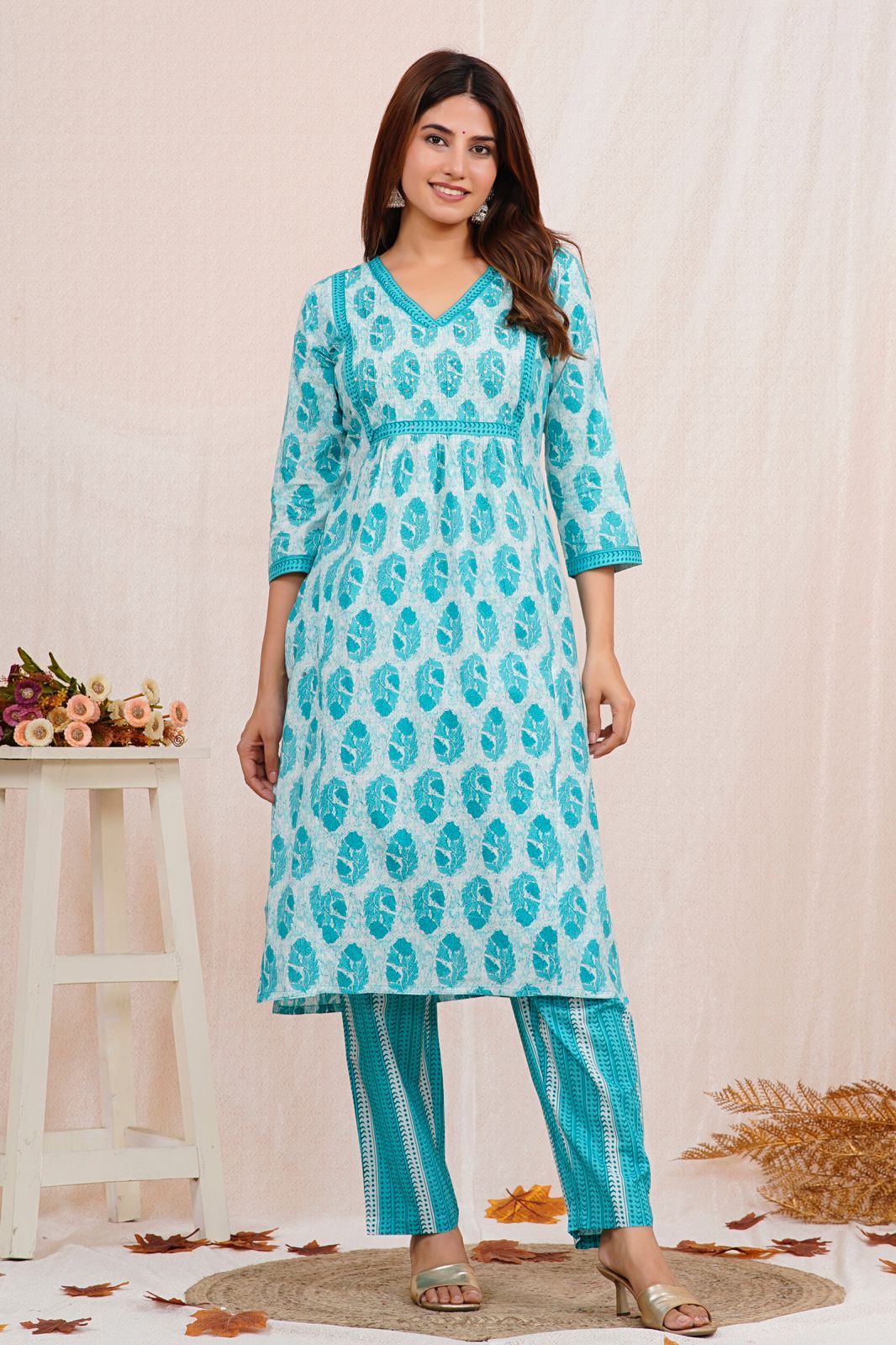 Teal Nayra Cut Embroidery Kurta Pant Set