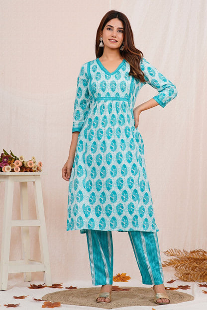 Teal Nayra Cut Embroidery Kurta Pant Set