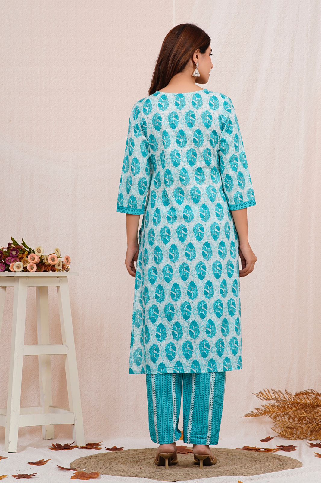 Teal Nayra Cut Embroidery Kurta Pant Set