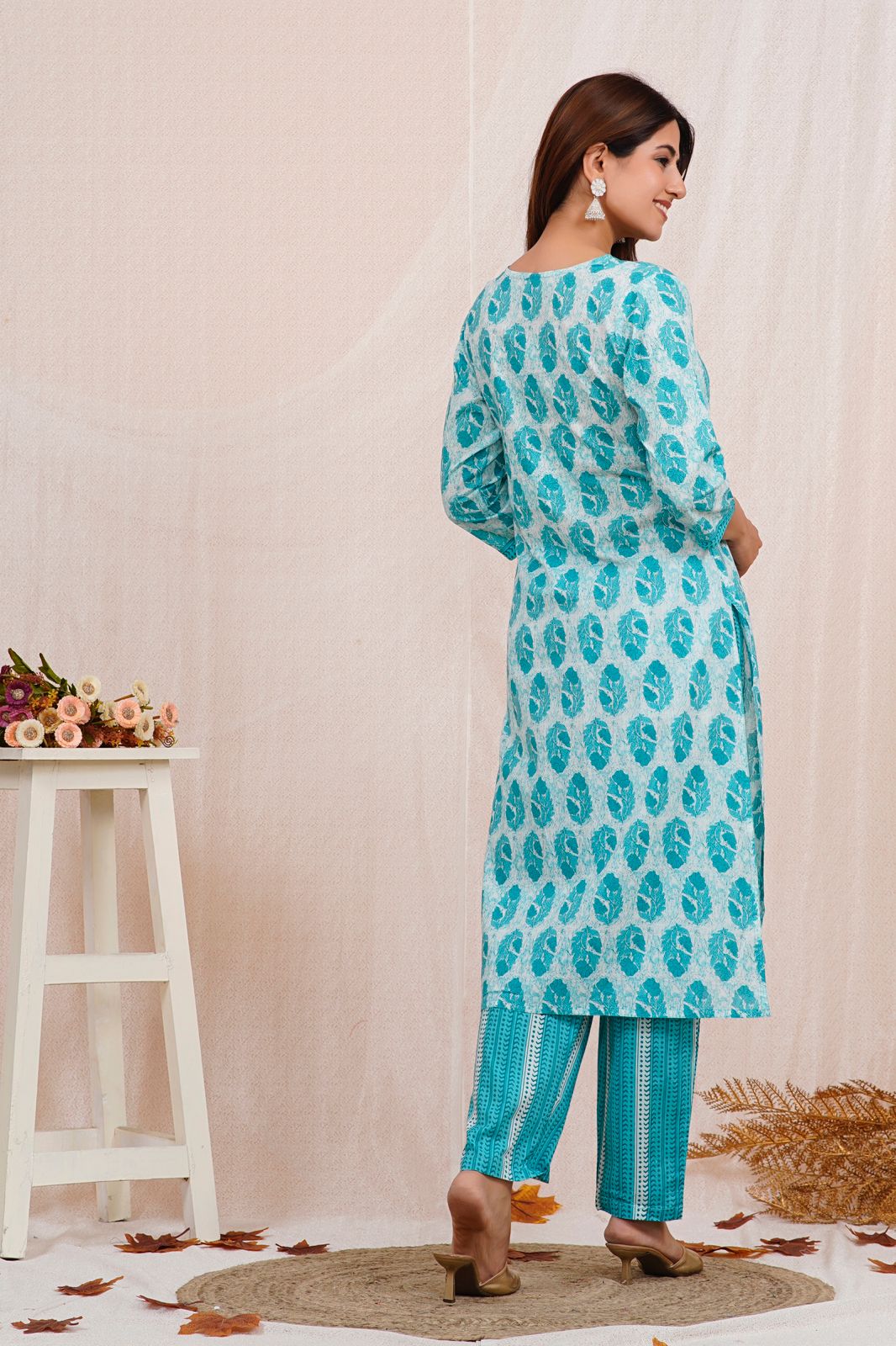 Teal Nayra Cut Embroidery Kurta Pant Set