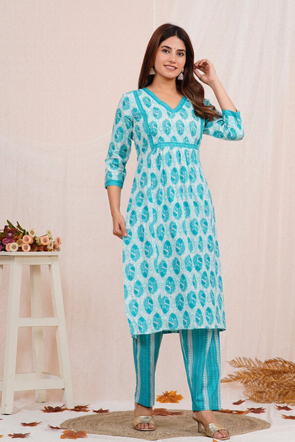 Teal Nayra Cut Embroidery Kurta Pant Set