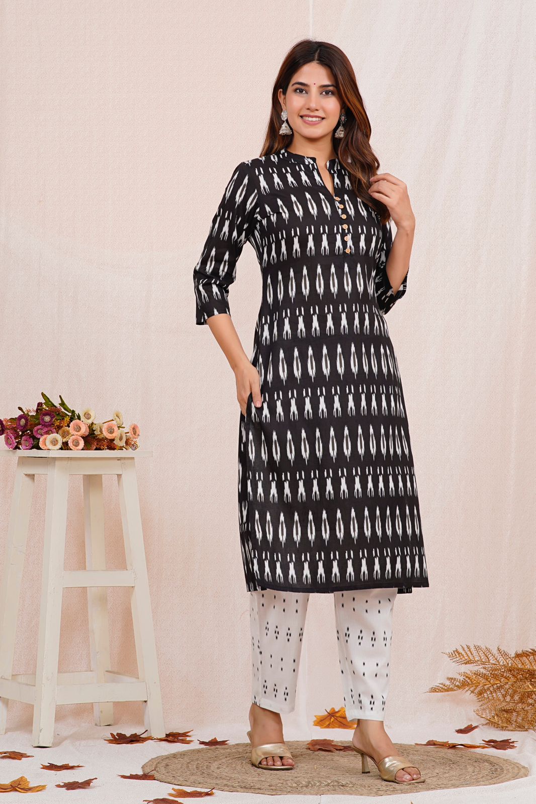 Black Ikkat Print Kurta Pant Set