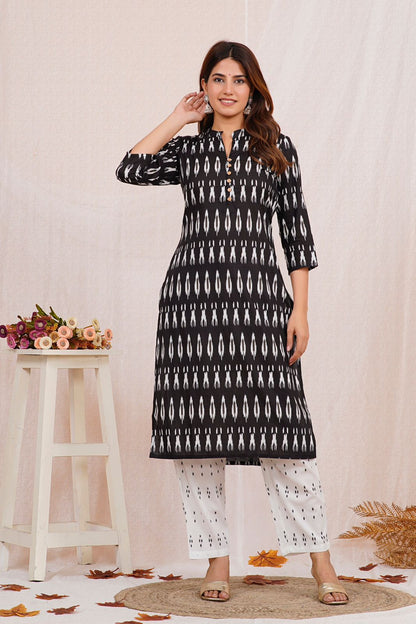 Black Ikkat Print Kurta Pant Set