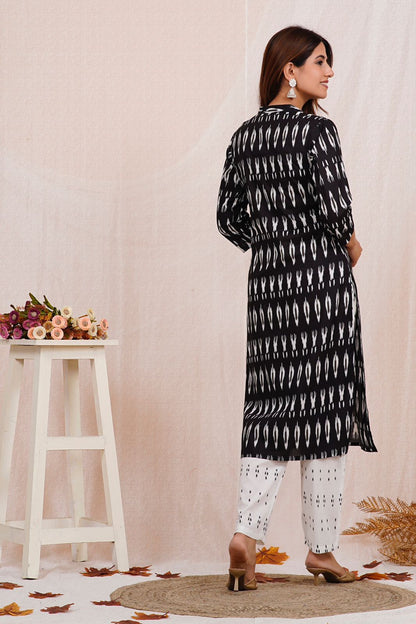 Black Ikkat Print Kurta Pant Set