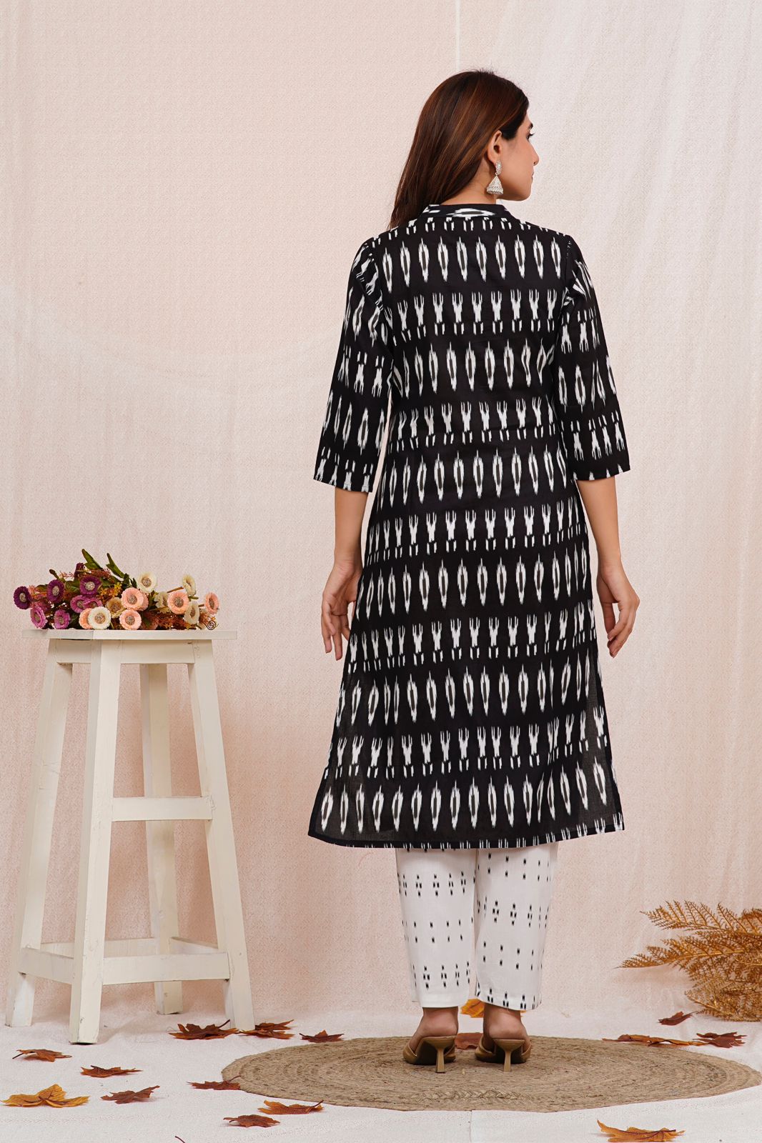 Black Ikkat Print Kurta Pant Set