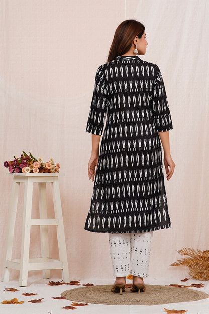 Black Ikkat Print Kurta Pant Set