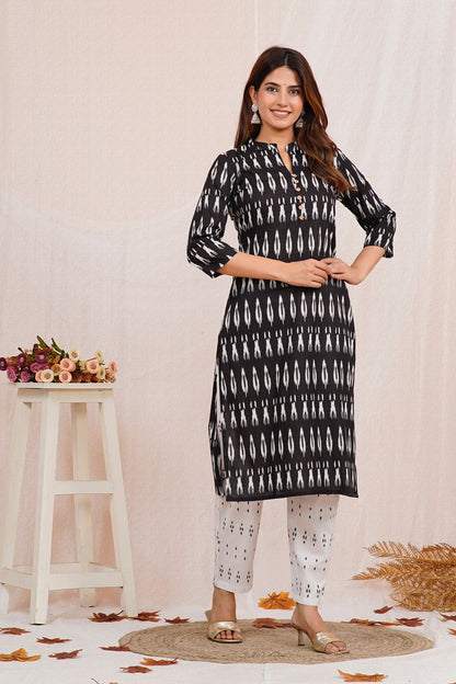 Black Ikkat Print Kurta Pant Set