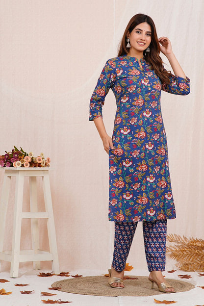 Blue Bouquet Embroidery Kurta Pant Set