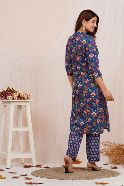 Blue Bouquet Embroidery Kurta Pant Set