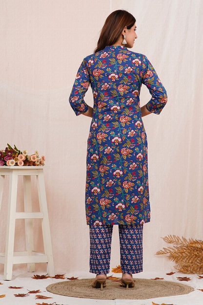 Blue Bouquet Embroidery Kurta Pant Set