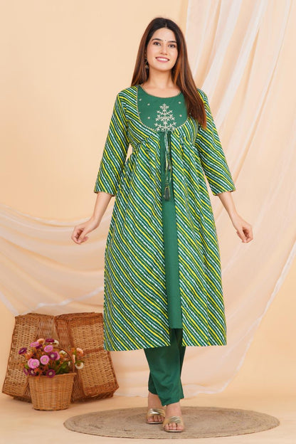 Green Shrug Lehariya Kurta Set