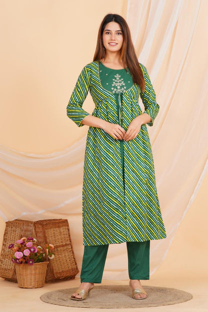 Green Shrug Lehariya Kurta Set