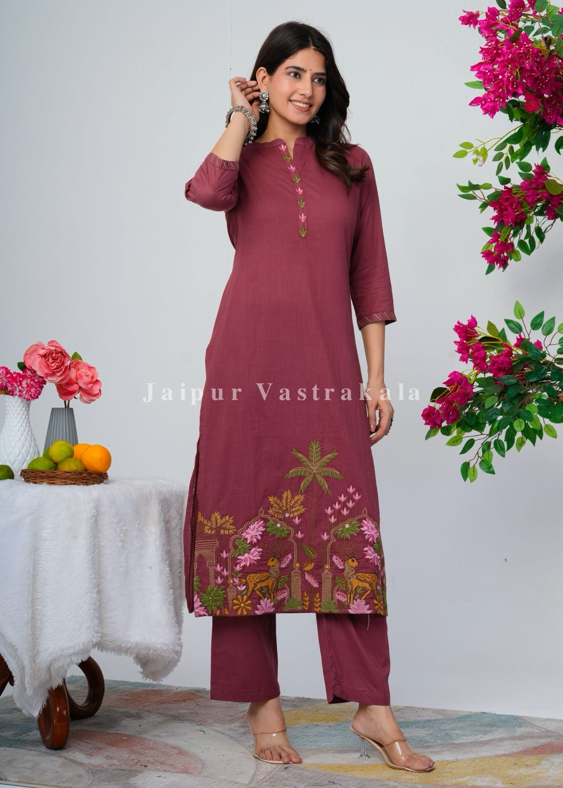 Burgundy Jungle Embroidery Kurti Pant Coord