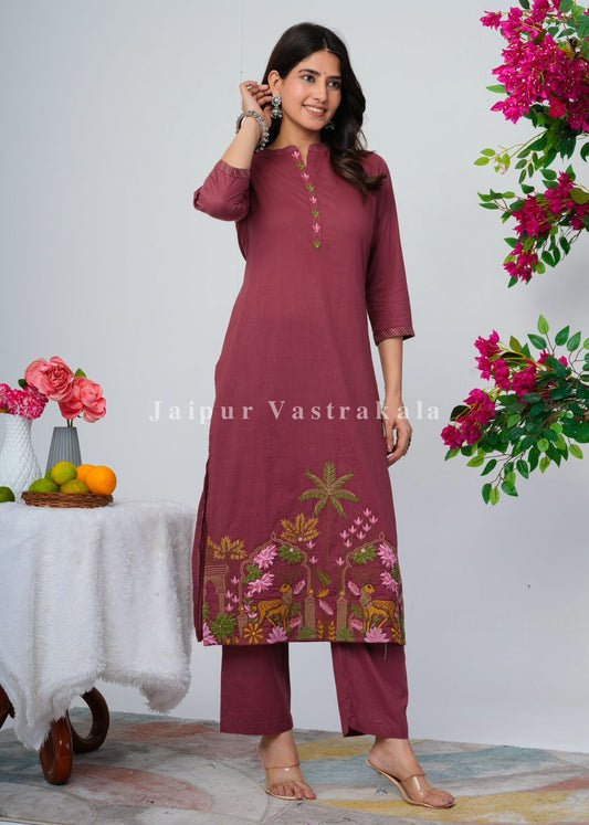 Burgundy Jungle Embroidery Kurti Pant Coord