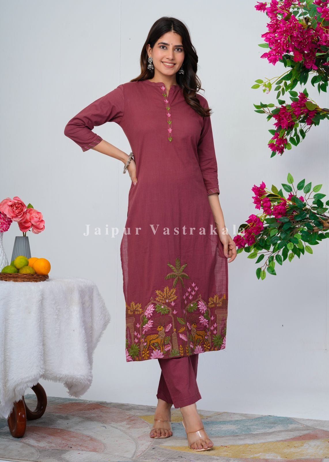 Burgundy Jungle Embroidery Kurti Pant Coord