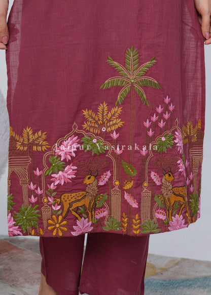 Burgundy Jungle Embroidery Kurti Pant Coord