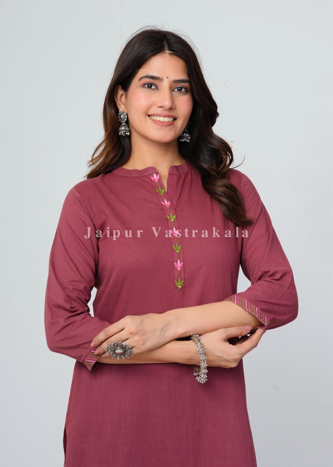 Burgundy Jungle Embroidery Kurti Pant Coord