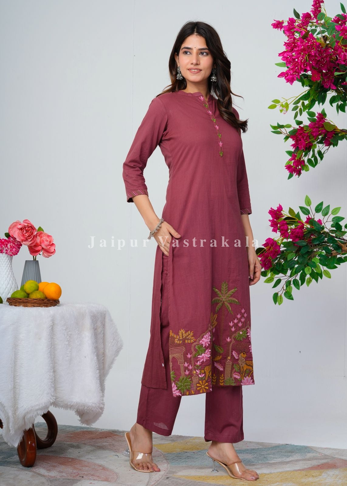 Burgundy Jungle Embroidery Kurti Pant Coord