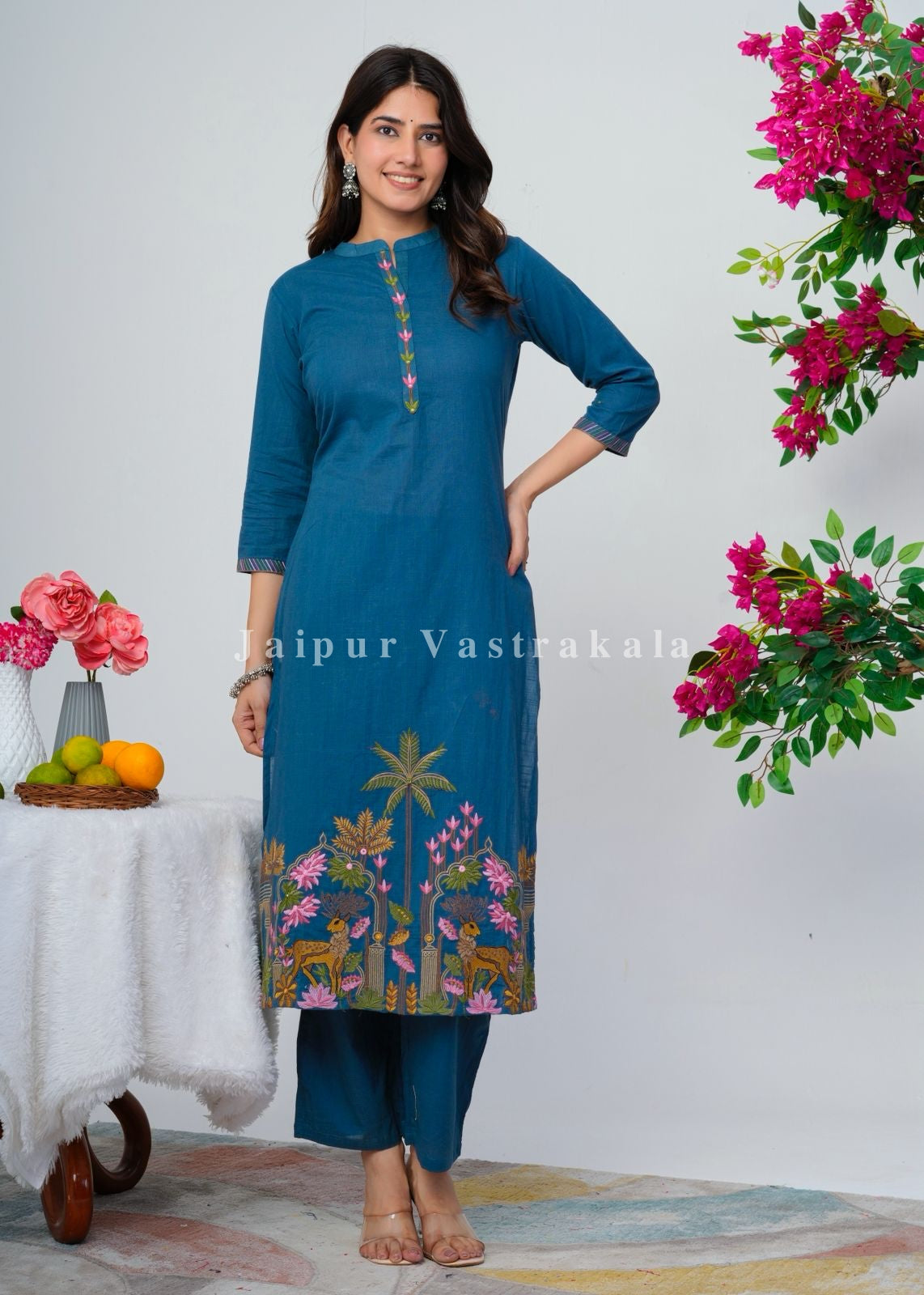 Blue Jungle Embroidery Kurti Pant Coord