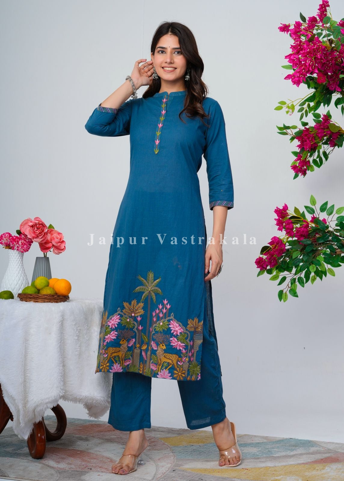 Blue Jungle Embroidery Kurti Pant Coord