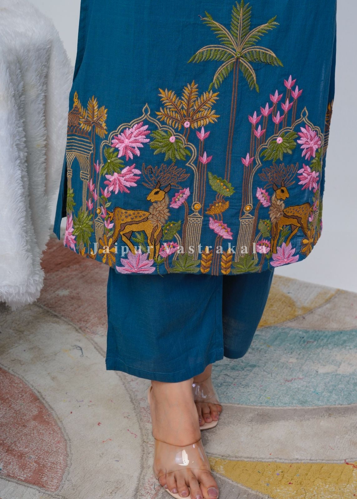 Blue Jungle Embroidery Kurti Pant Coord