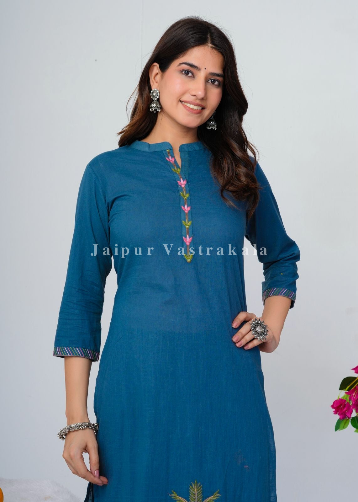 Blue Jungle Embroidery Kurti Pant Coord