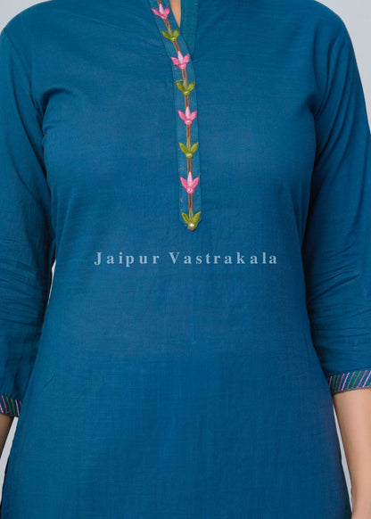 Blue Jungle Embroidery Kurti Pant Coord