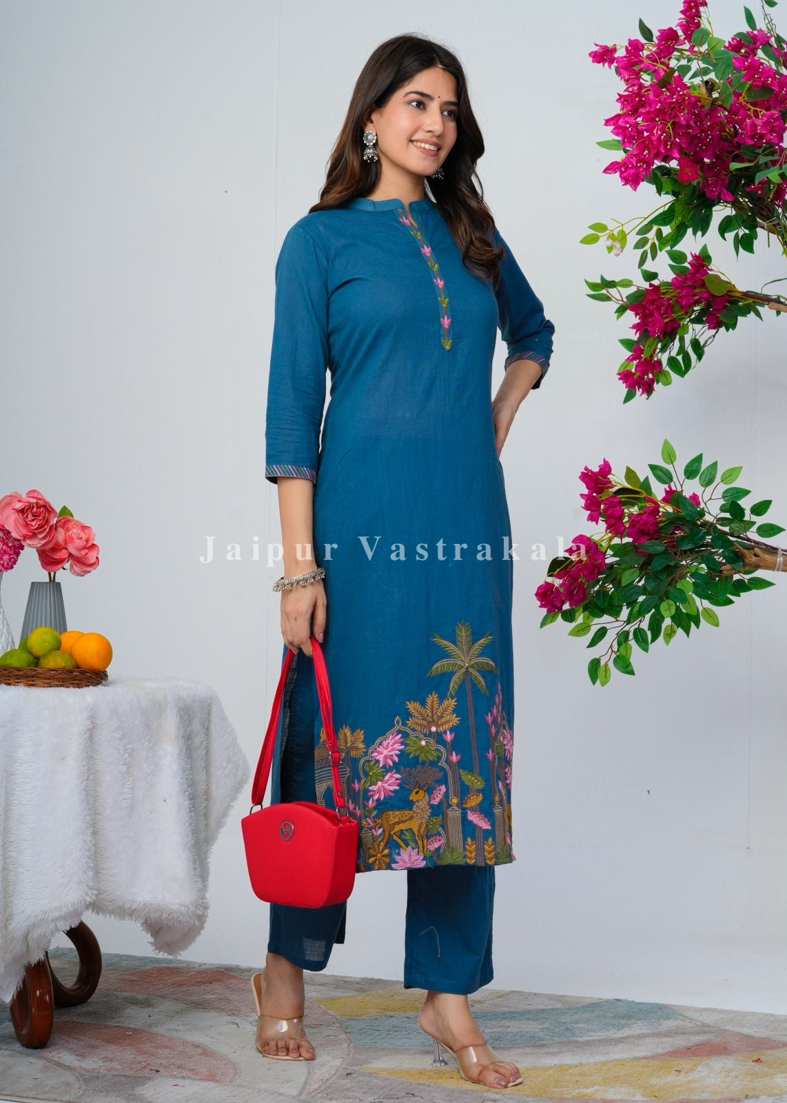 Blue Jungle Embroidery Kurti Pant Coord