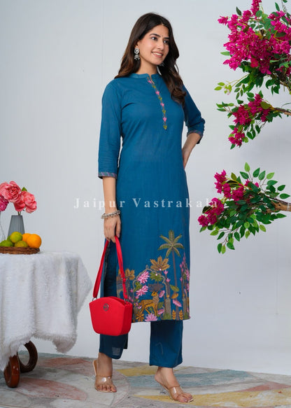 Blue Jungle Embroidery Kurti Pant Coord