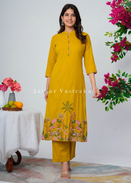 Yellow Jungle Embroidery Kurti Pant Coord