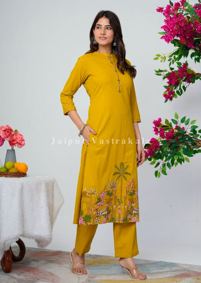 Yellow Jungle Embroidery Kurti Pant Coord