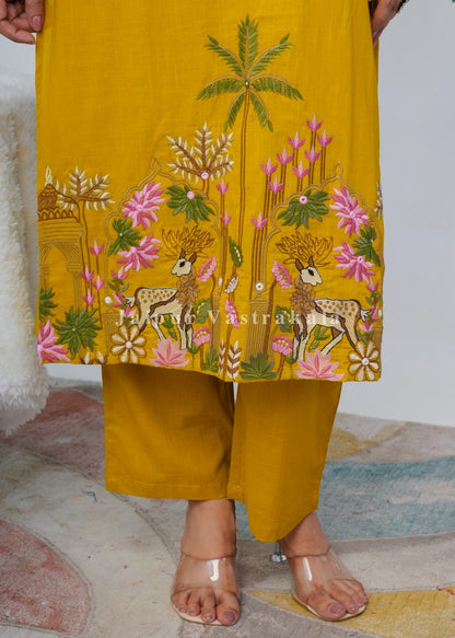 Yellow Jungle Embroidery Kurti Pant Coord