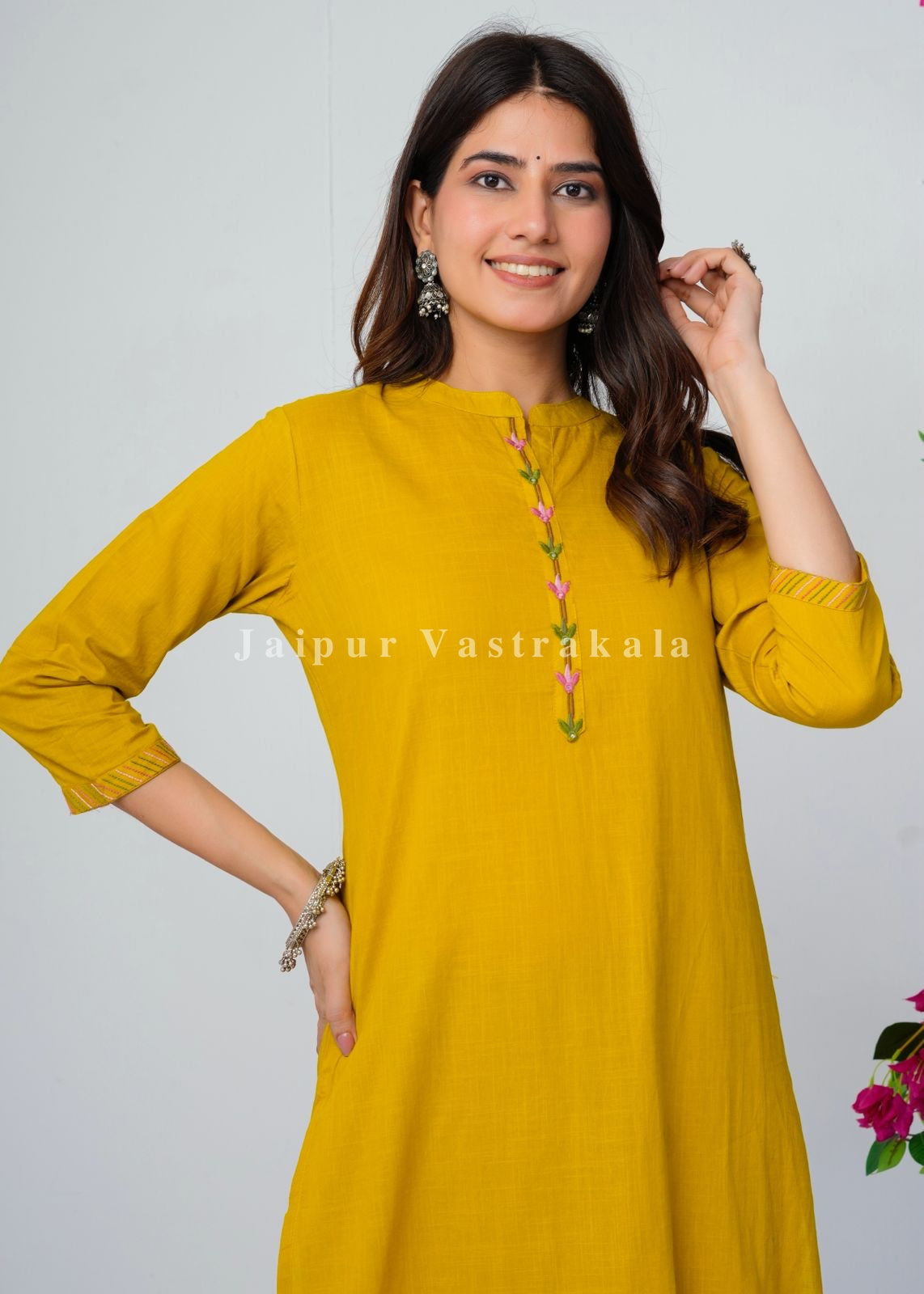 Yellow Jungle Embroidery Kurti Pant Coord
