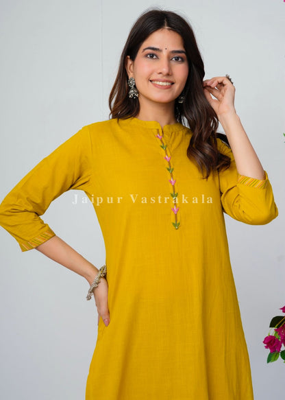 Yellow Jungle Embroidery Kurti Pant Coord
