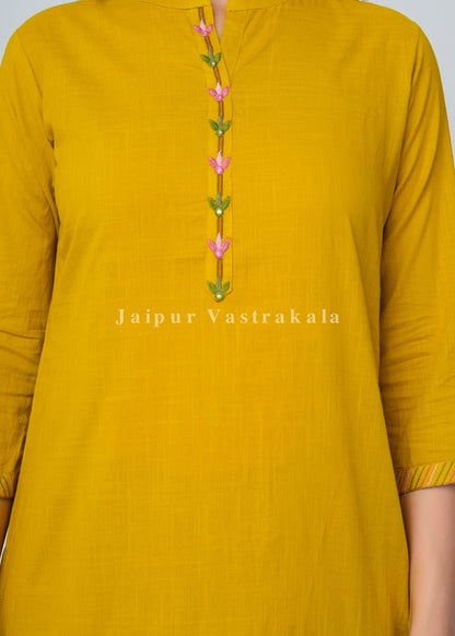 Yellow Jungle Embroidery Kurti Pant Coord