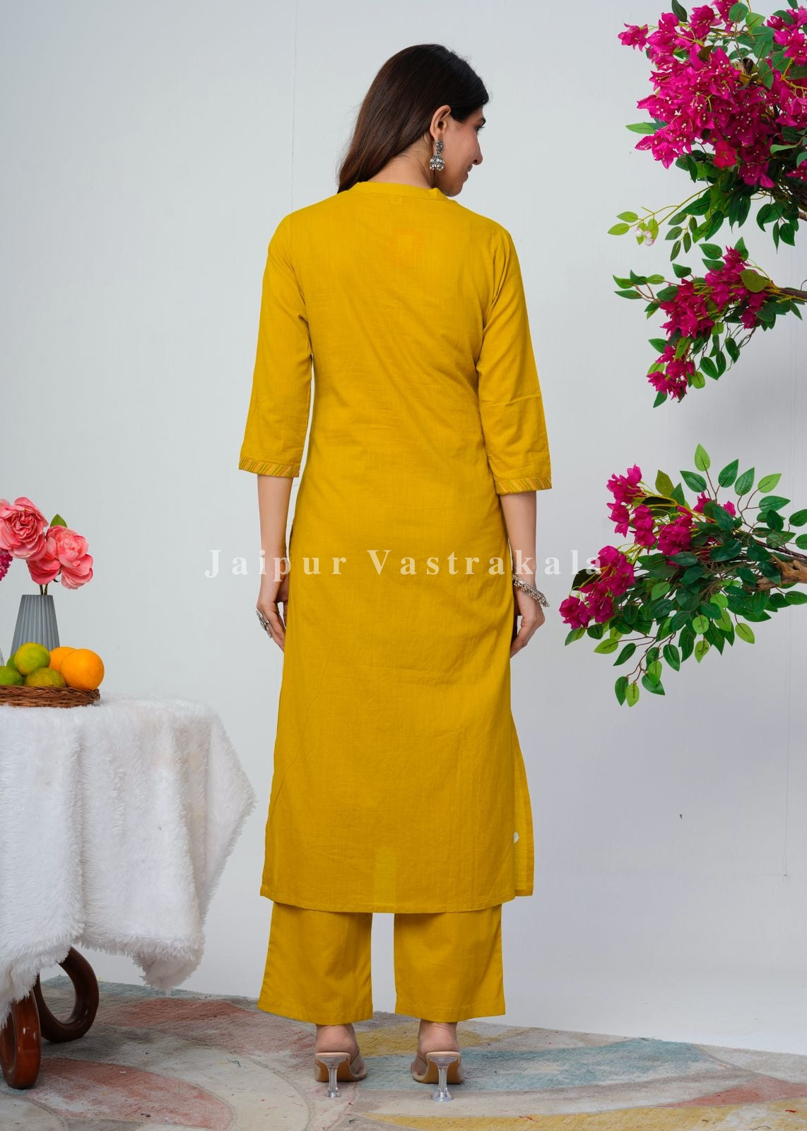 Yellow Jungle Embroidery Kurti Pant Coord