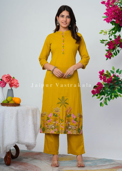 Yellow Jungle Embroidery Kurti Pant Coord