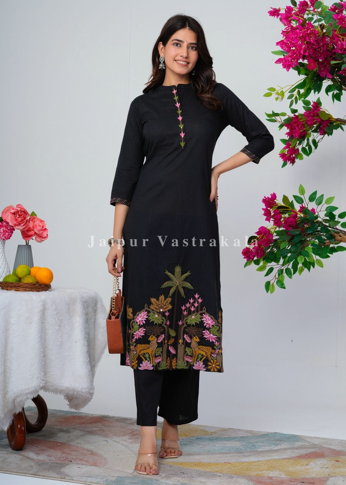 Black Jungle Embroidery Kurti Pant Coord