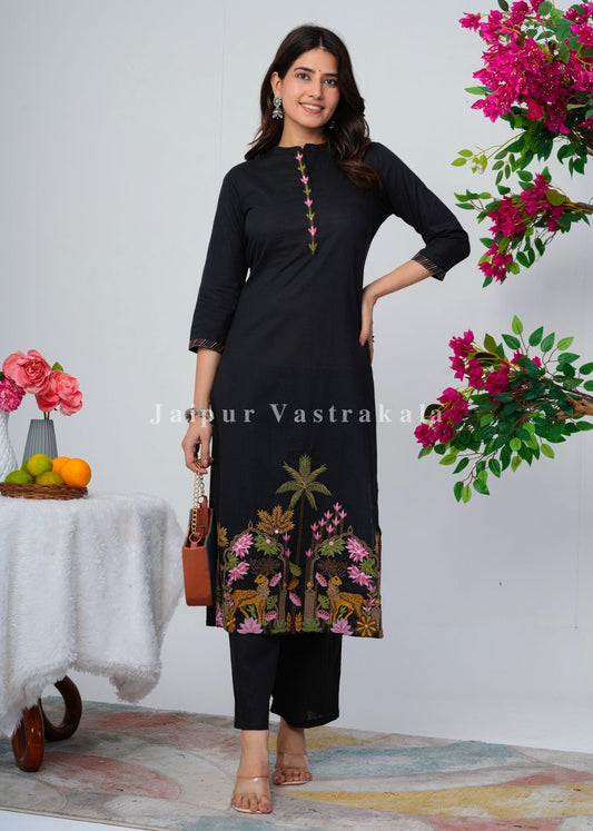 Black Jungle Embroidery Kurti Pant Coord