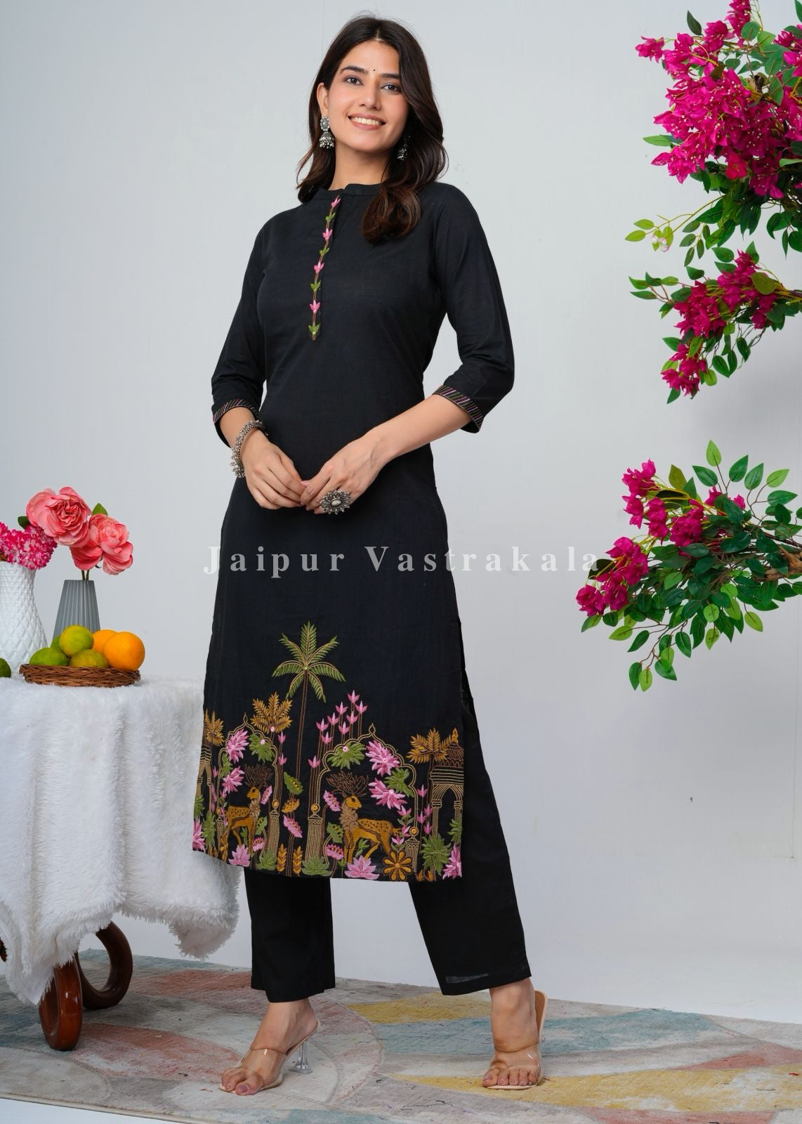 Black Jungle Embroidery Kurti Pant Coord