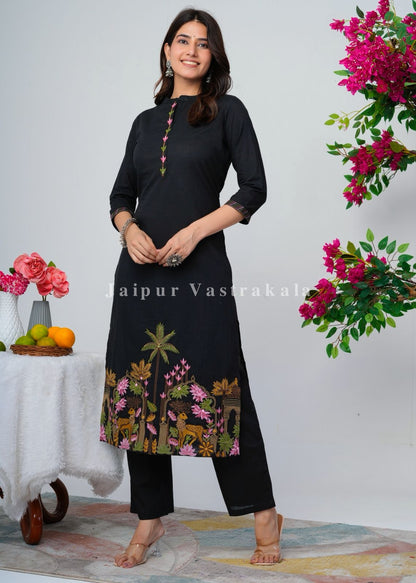 Black Jungle Embroidery Kurti Pant Coord
