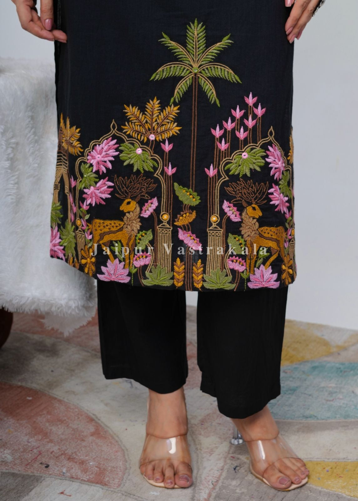 Black Jungle Embroidery Kurti Pant Coord