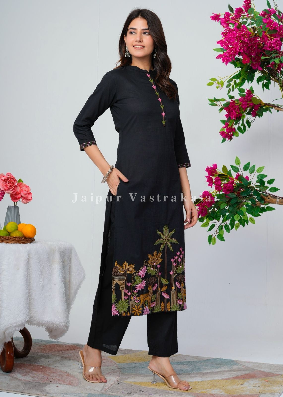 Black Jungle Embroidery Kurti Pant Coord