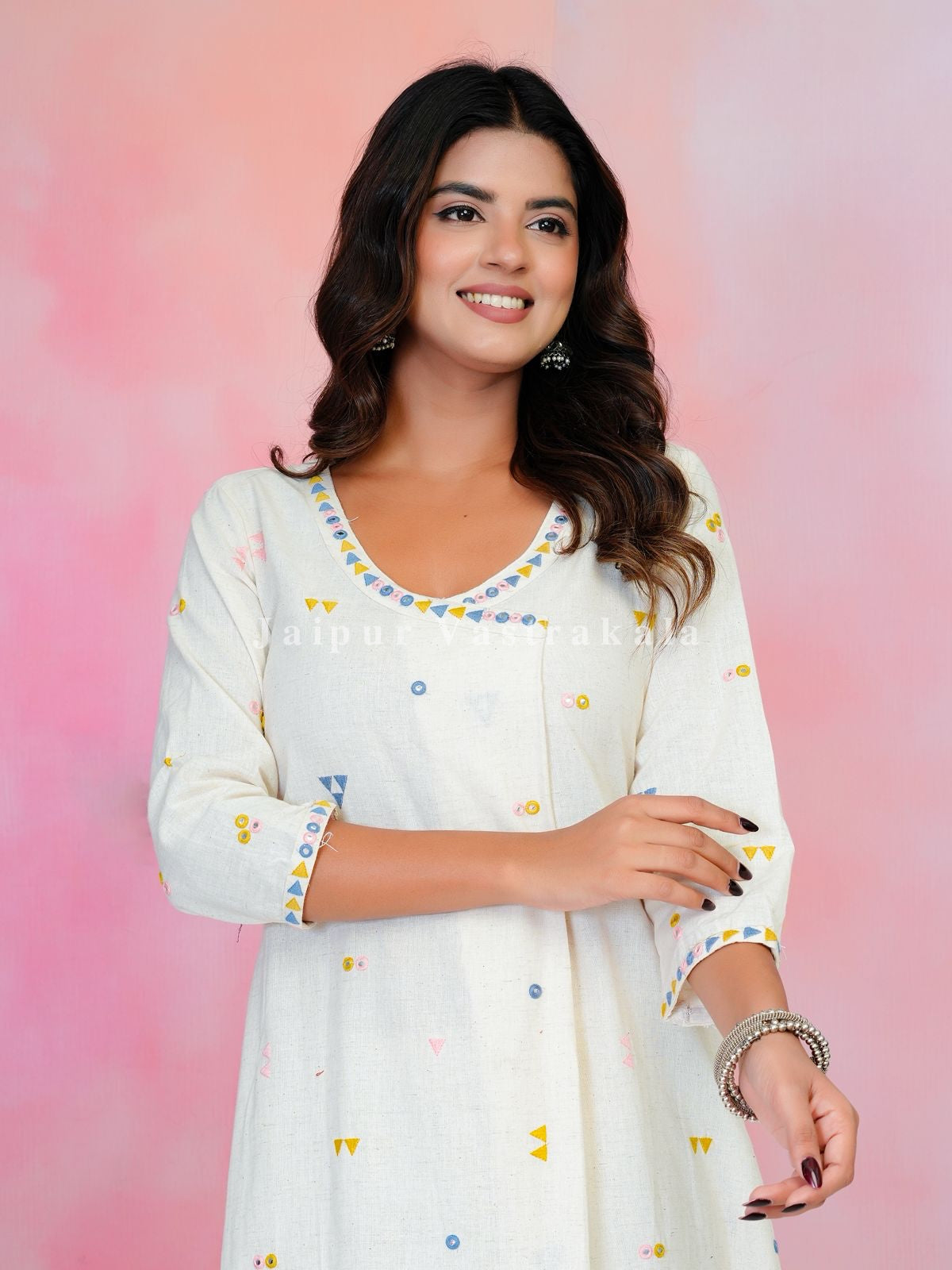 Khadi Embroidery A-line Kurti Pant Coord