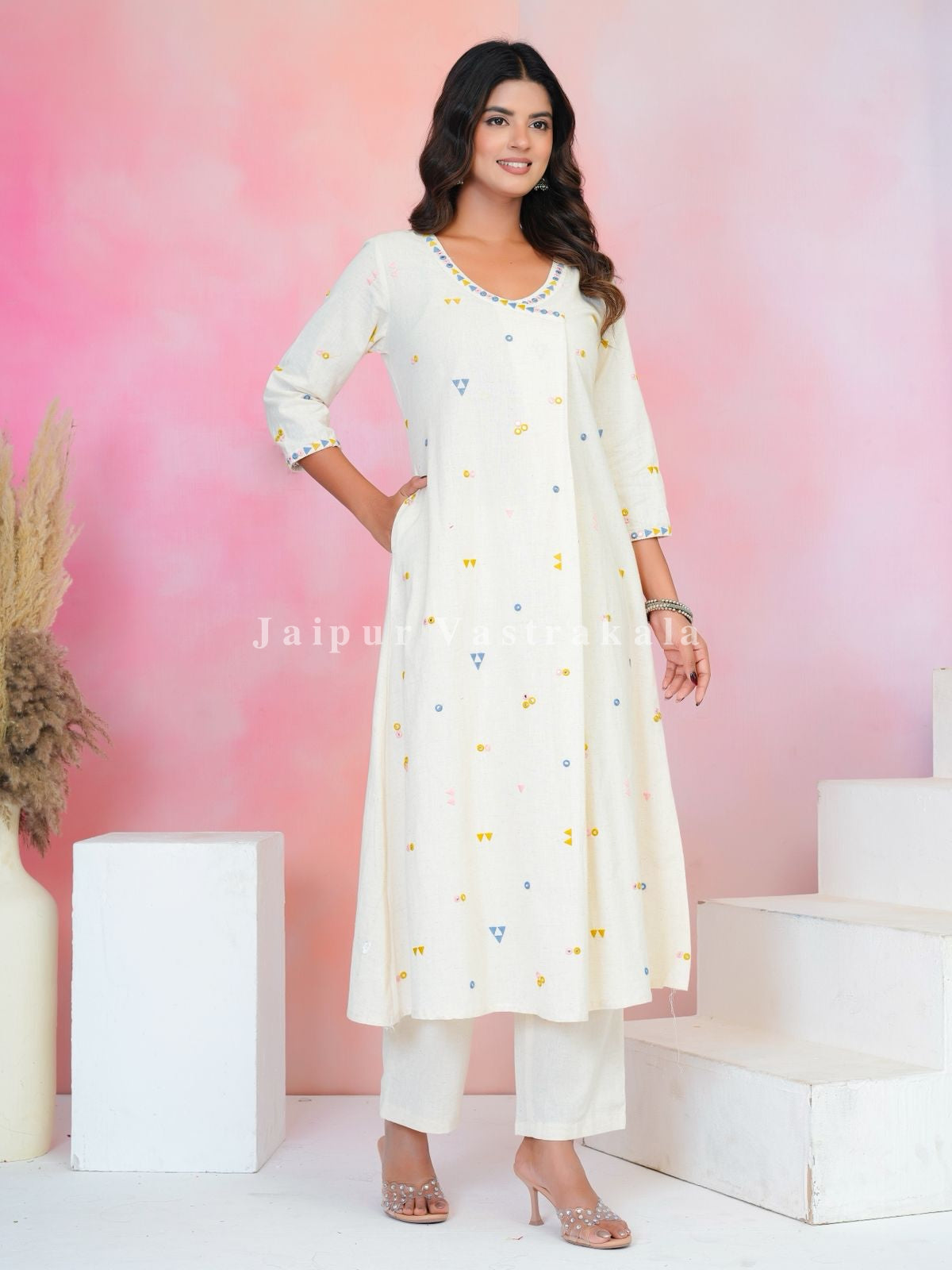 Khadi Embroidery A-line Kurti Pant Coord