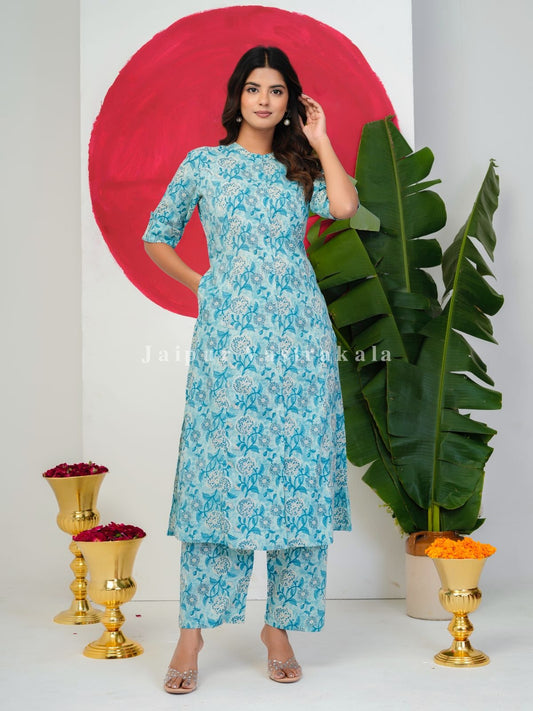 Slate Blue Blossoms Kurti Pant Coord