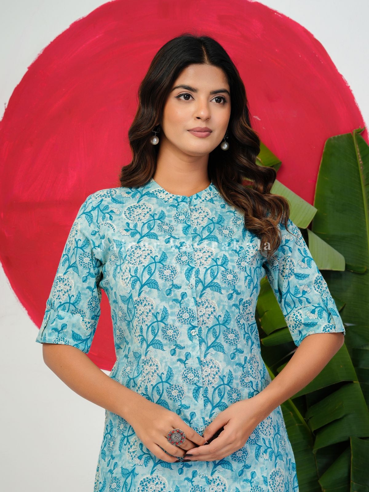 Slate Blue Blossoms Kurti Pant Coord