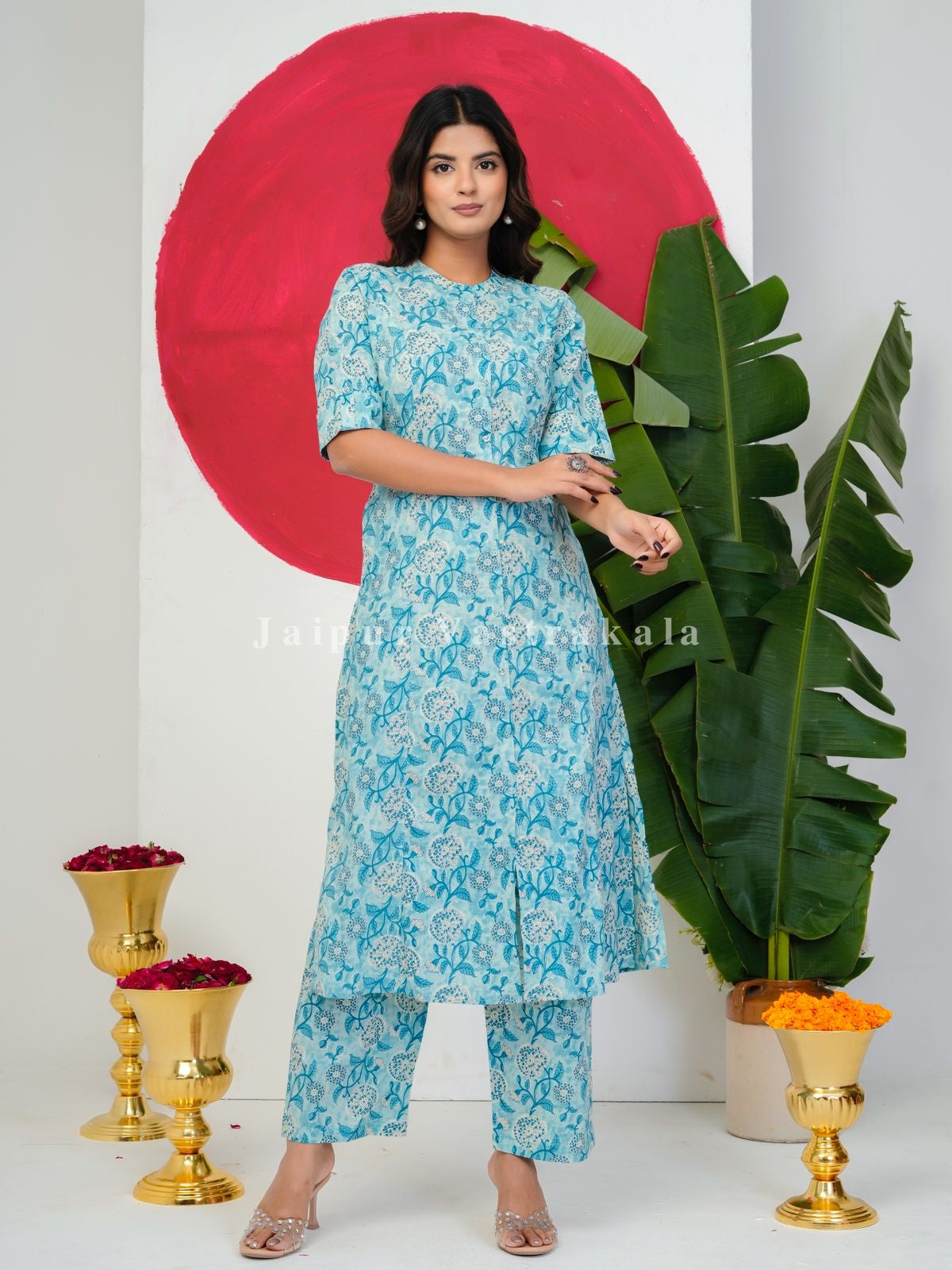 Slate Blue Blossoms Kurti Pant Coord
